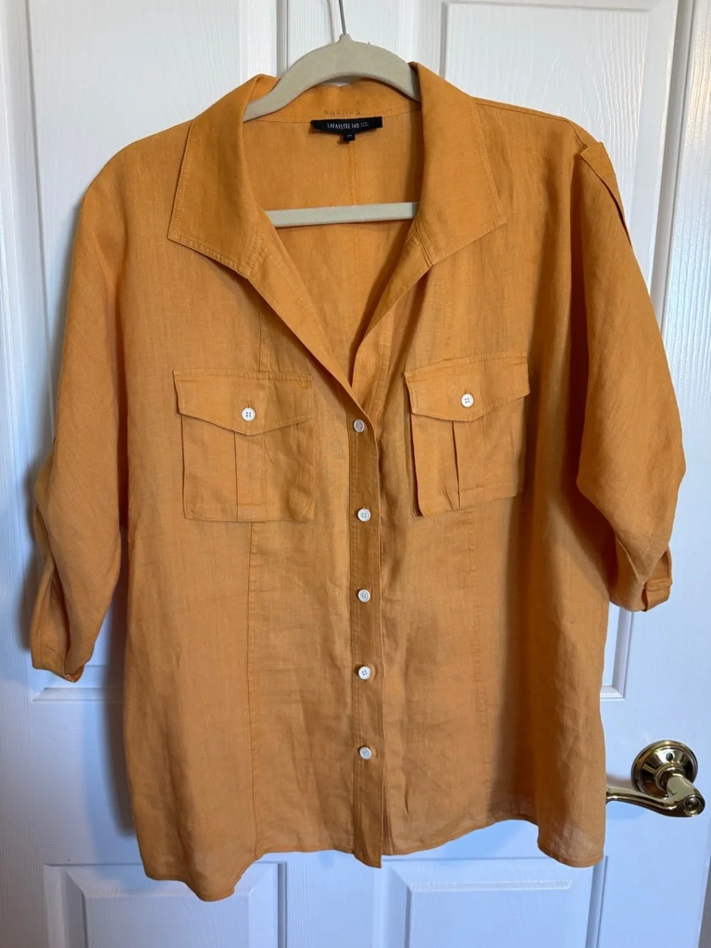 Lafayette 148 New York 100%Linen Button Front Shirt Orange Size 12 Relaxed Fit - Picture 7 of 17